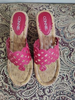 CONNIE Red Laser-Cut Cork Slide Sandals 7